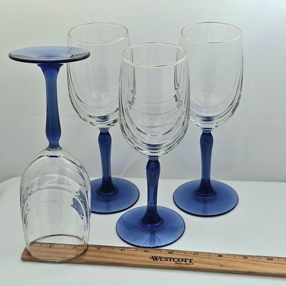 Libbey Crystal Blue Cobalt Wine Water Goblets 8.2" swag drape bowl gold rim (4) - Picture 5 of 8